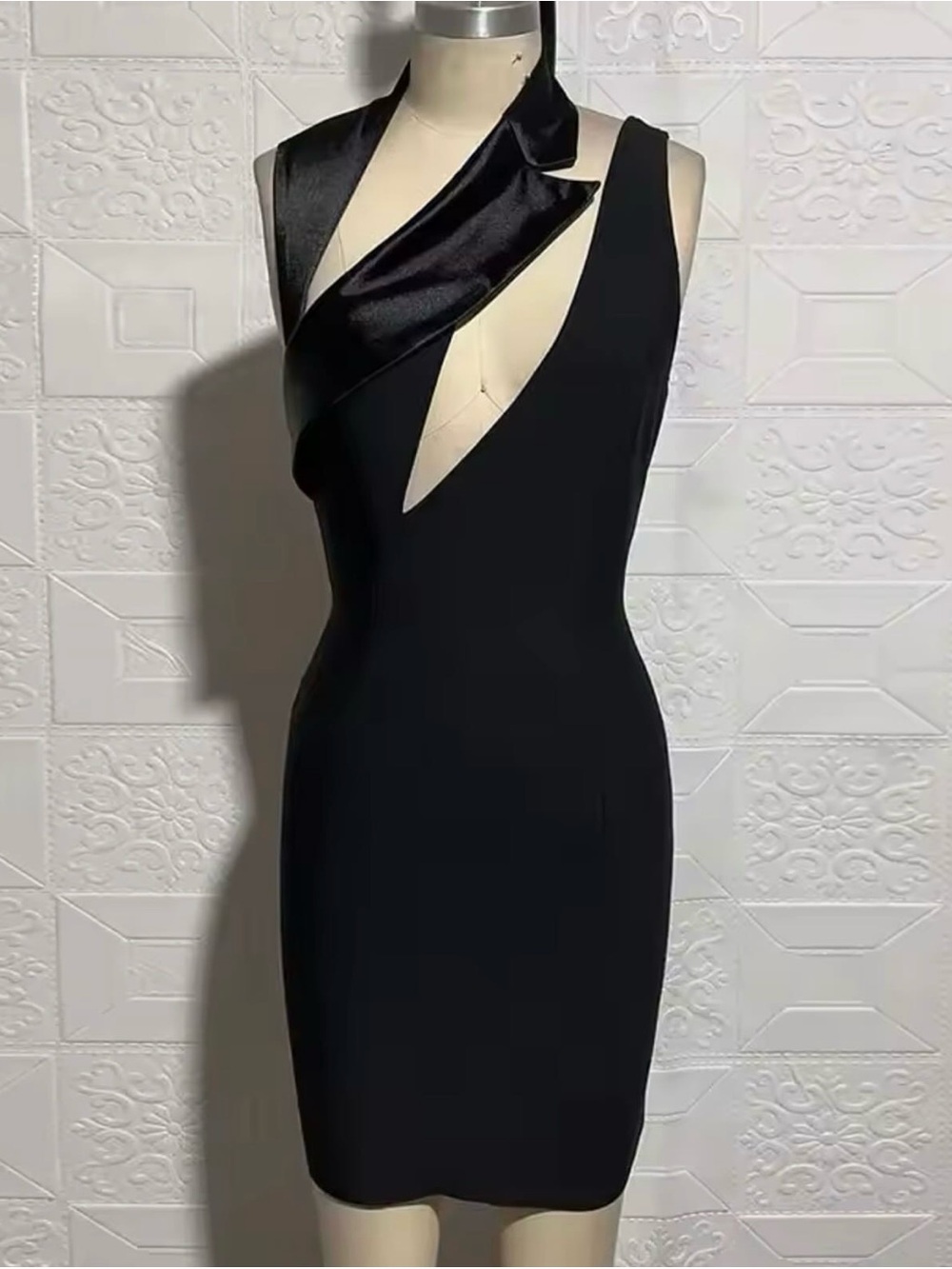 Satin-Trim Black Cutout Bodycon Dress